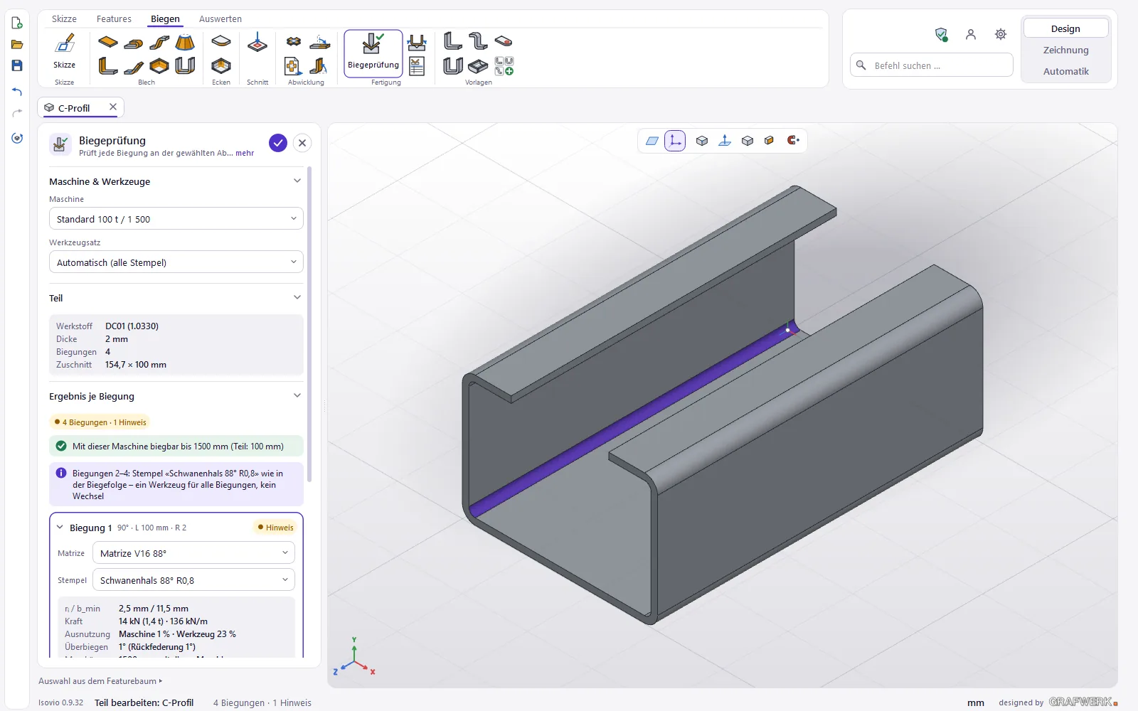Biegeprüfung eines C-Profils: Die gewählte Biegung leuchtet im 3D, ihre Karte zeigt Werkzeuge, Kraft und Ausnutzung.