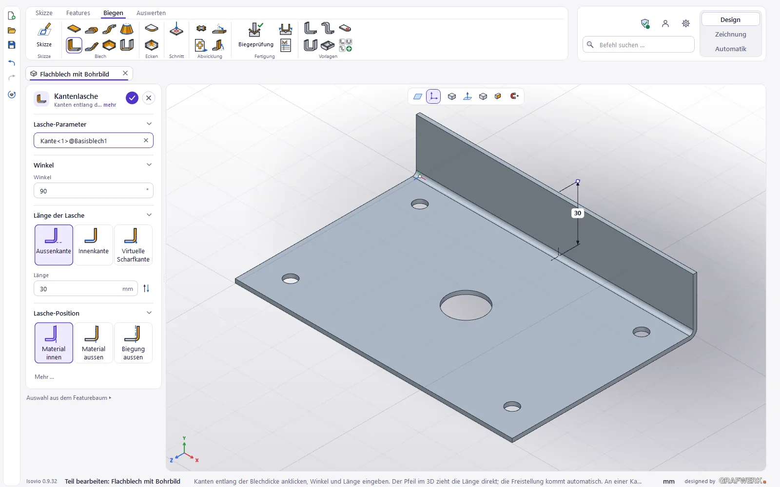 Eine Kantenlasche an der hinteren Kante: Die Länge ist eine Masslinie im 3D.