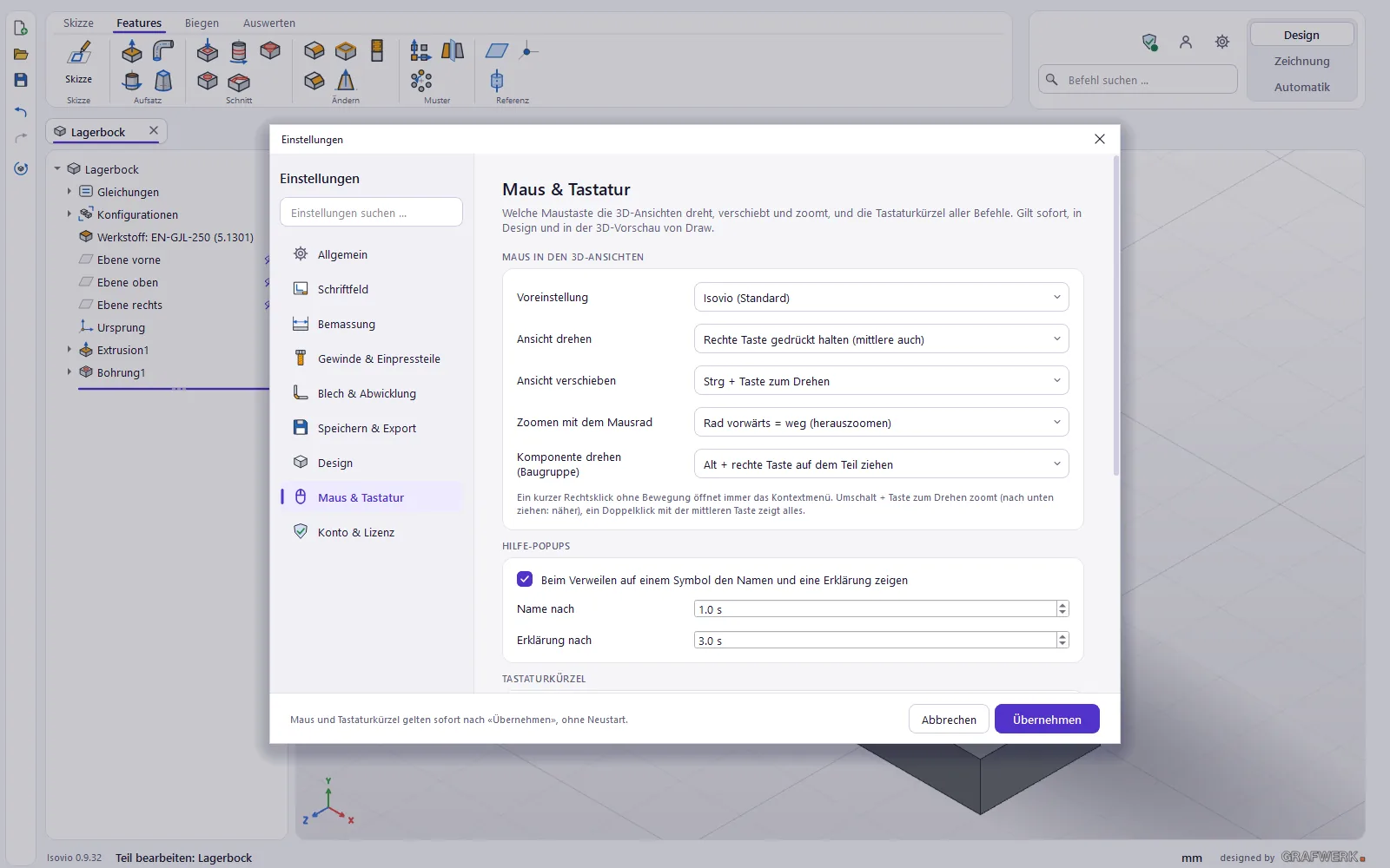 Maus & Tastatur: die Voreinstellung «Isovio (Standard)» und die Hilfe-Popups.