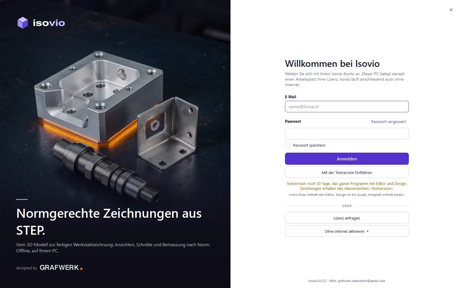 Der Startbildschirm: anmelden oder mit der Testversion weiterarbeiten.