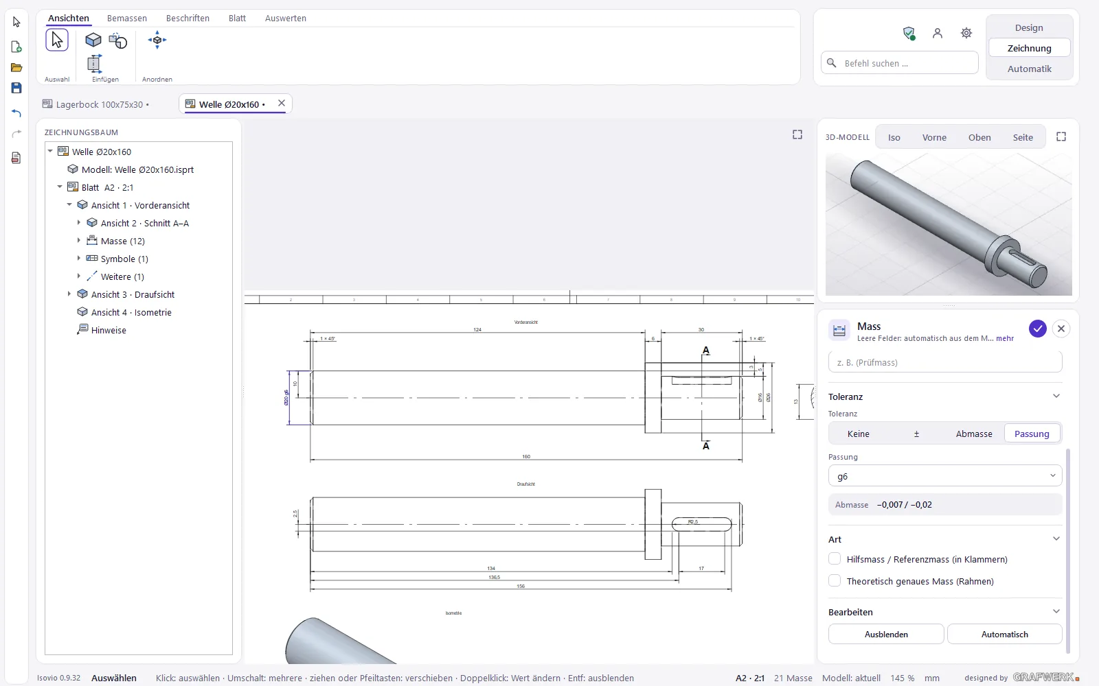 Ein Durchmesser mit Passung g6: Die Maske zeigt die Abmasse nach ISO 286.
