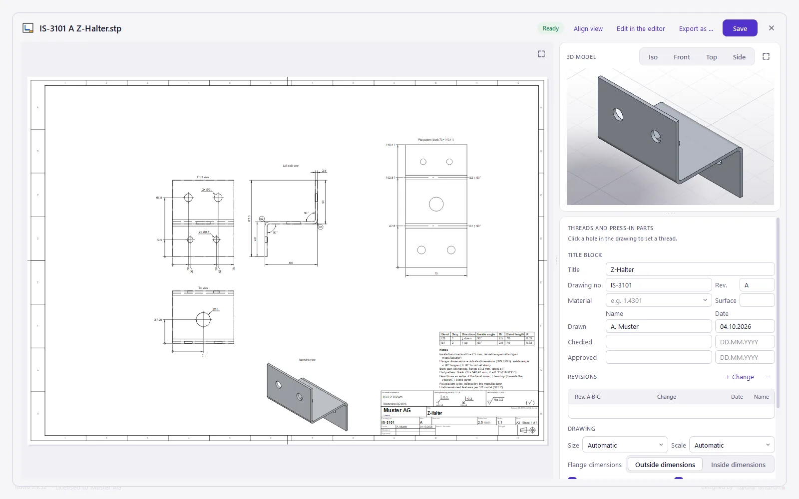 The detail view of a sheet metal part: sheet, 3D model, title block and the settings of the drawing.