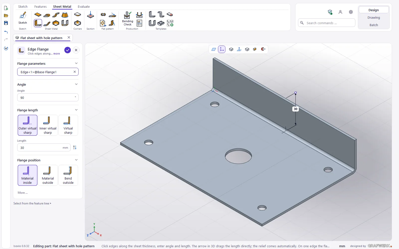 An edge flange on the back edge: the length is a dimension line in 3D.