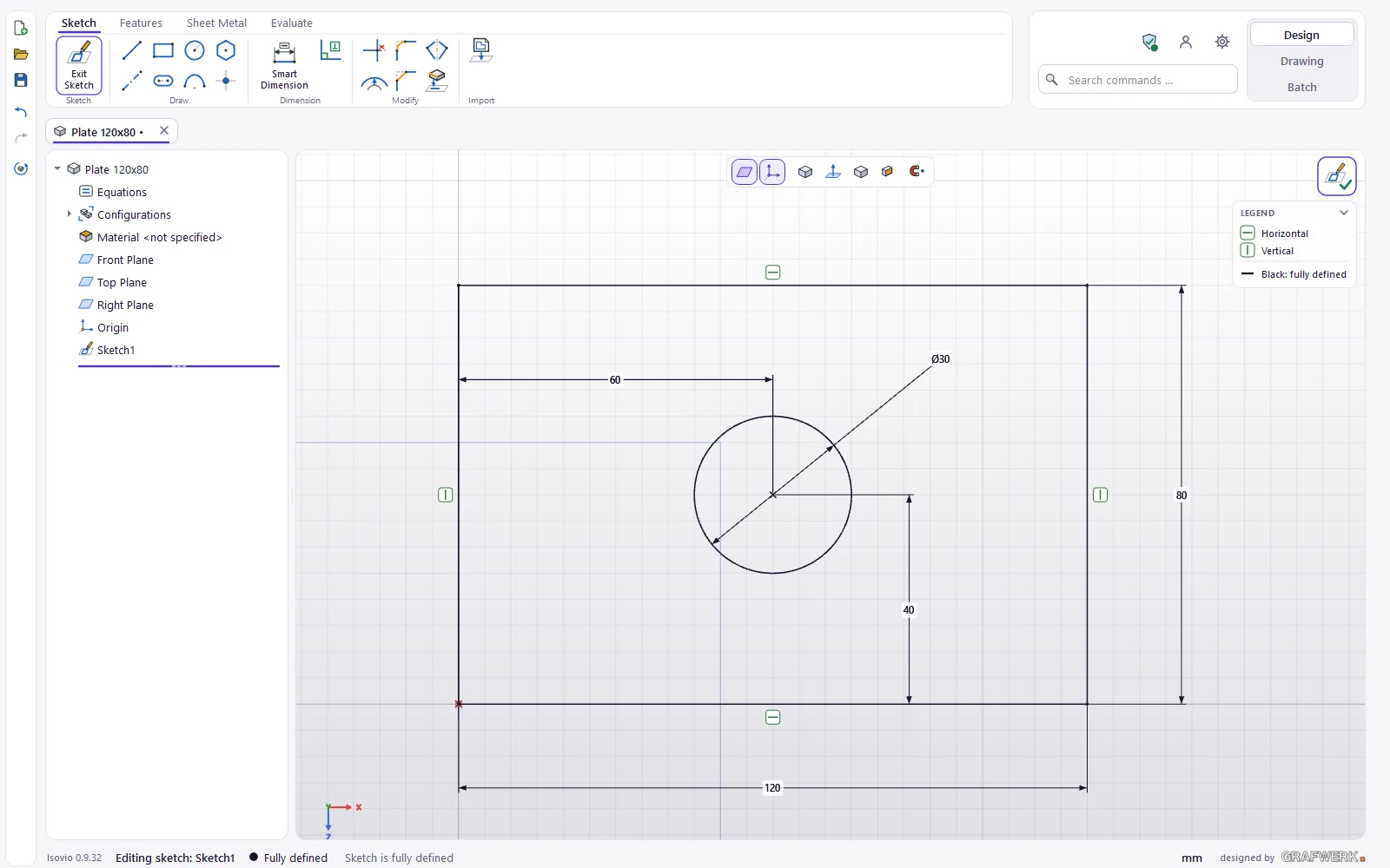 A fully defined sketch: black, with dimensions, relation symbols and the legend at the top right.