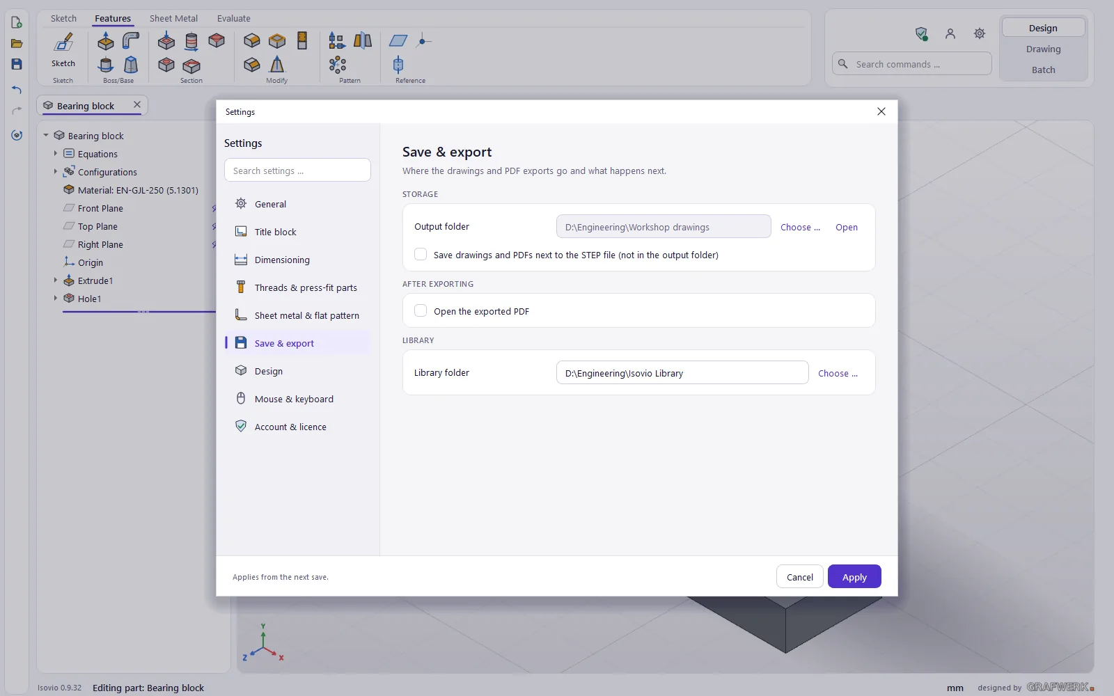 Save & export: output folder, saving next to the STEP file and library folder.