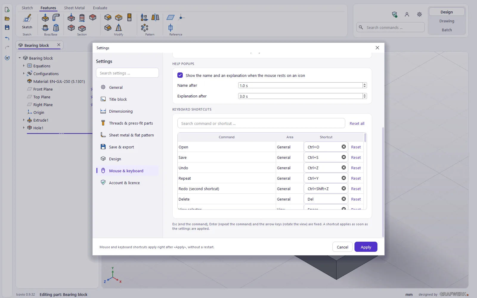 The table of keyboard shortcuts with search and reset.