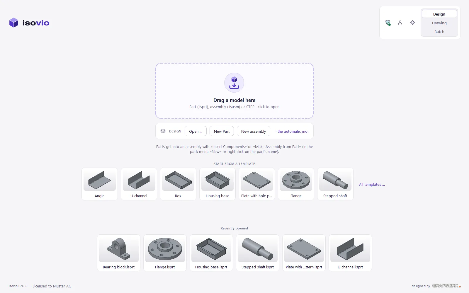The Design start page with templates and the parts opened last.