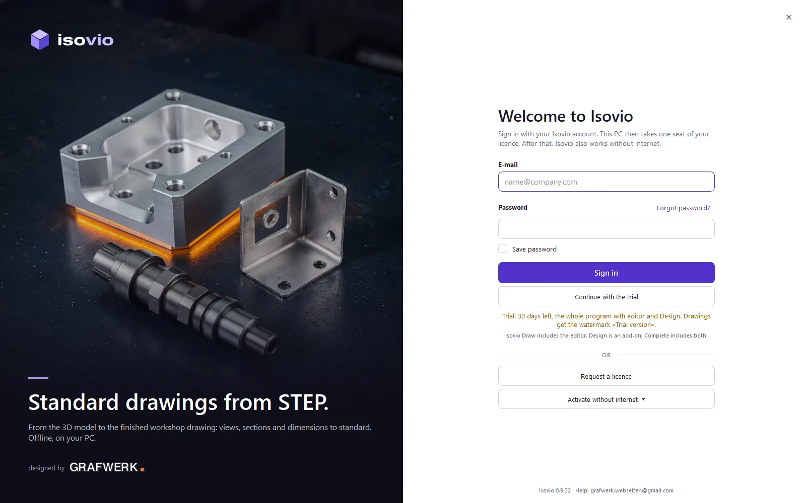 The start screen: sign in or continue with the trial.
