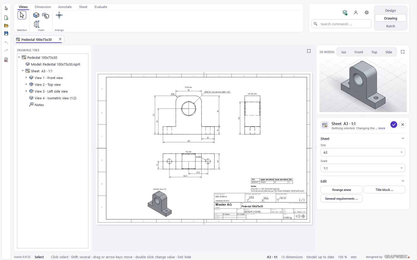 The editor with the drawing of a pedestal: drawing tree, sheet, 3D model and the «Sheet» panel.