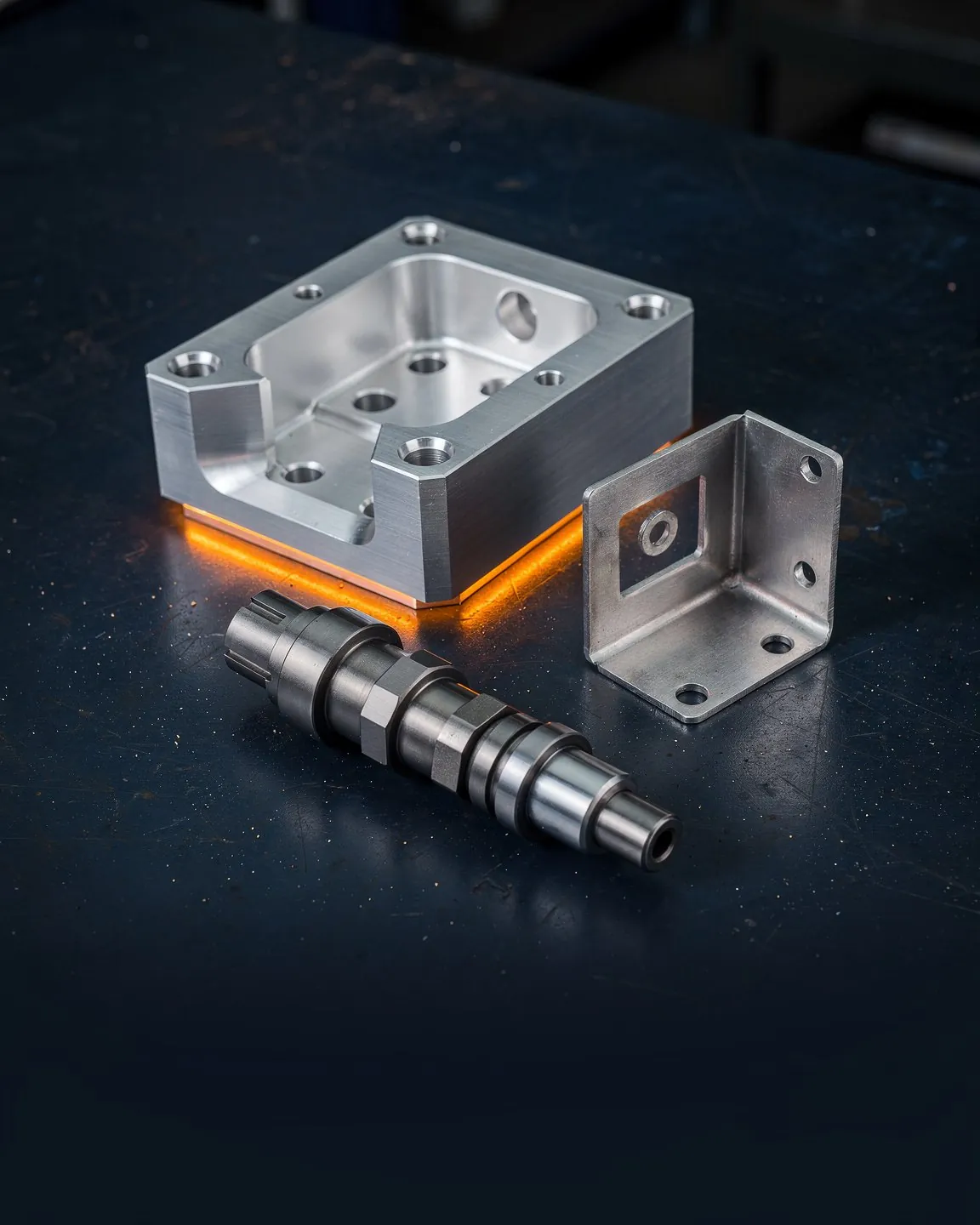 Milled part, sheet metal bracket and shaft on the workbench