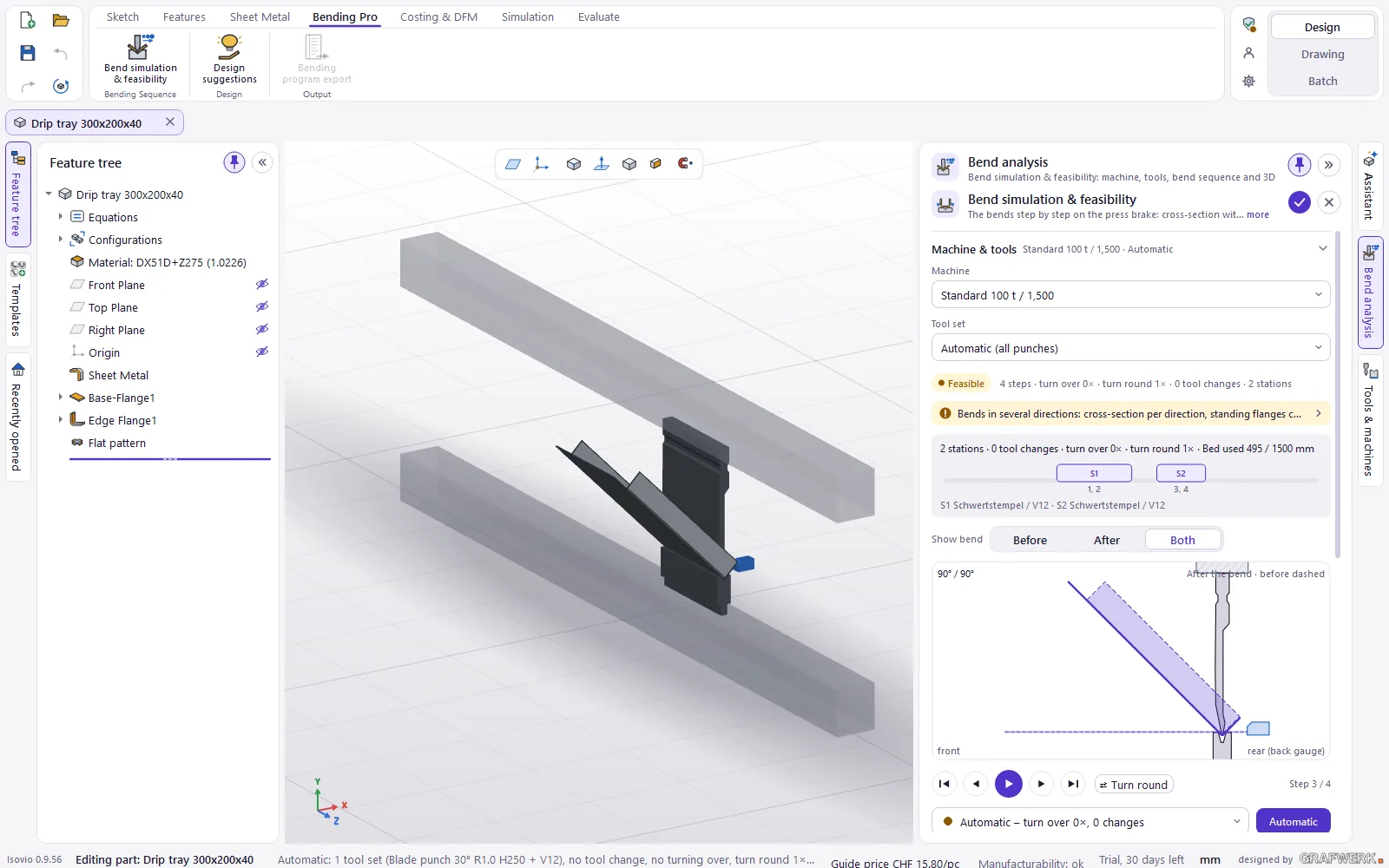 Bending Pro in Isovio: drip tray at the press brake, on the right the bend analysis with station plan and before/after cross-section