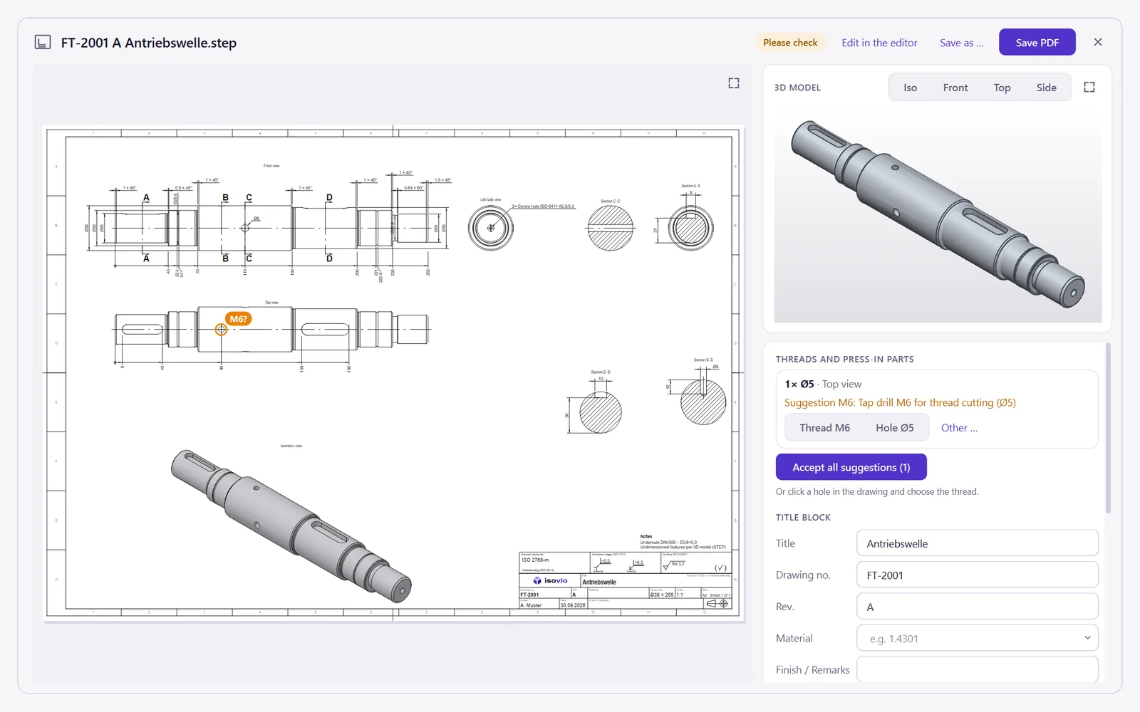 Turned part with 3D view