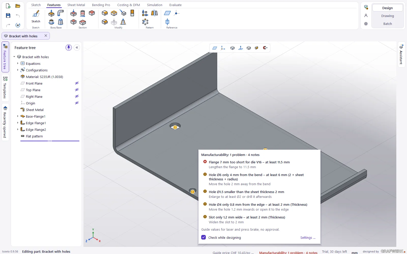 Costing & DFM in Isovio: sheet metal bracket with marked findings and the manufacturability list