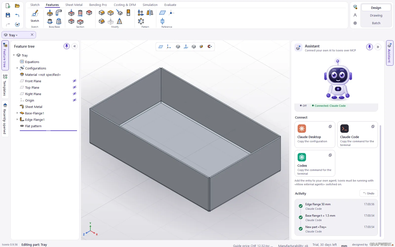 AI assistant in Isovio: sheet metal tray, on the right the assistant sidebar connected to Claude Code with the activity