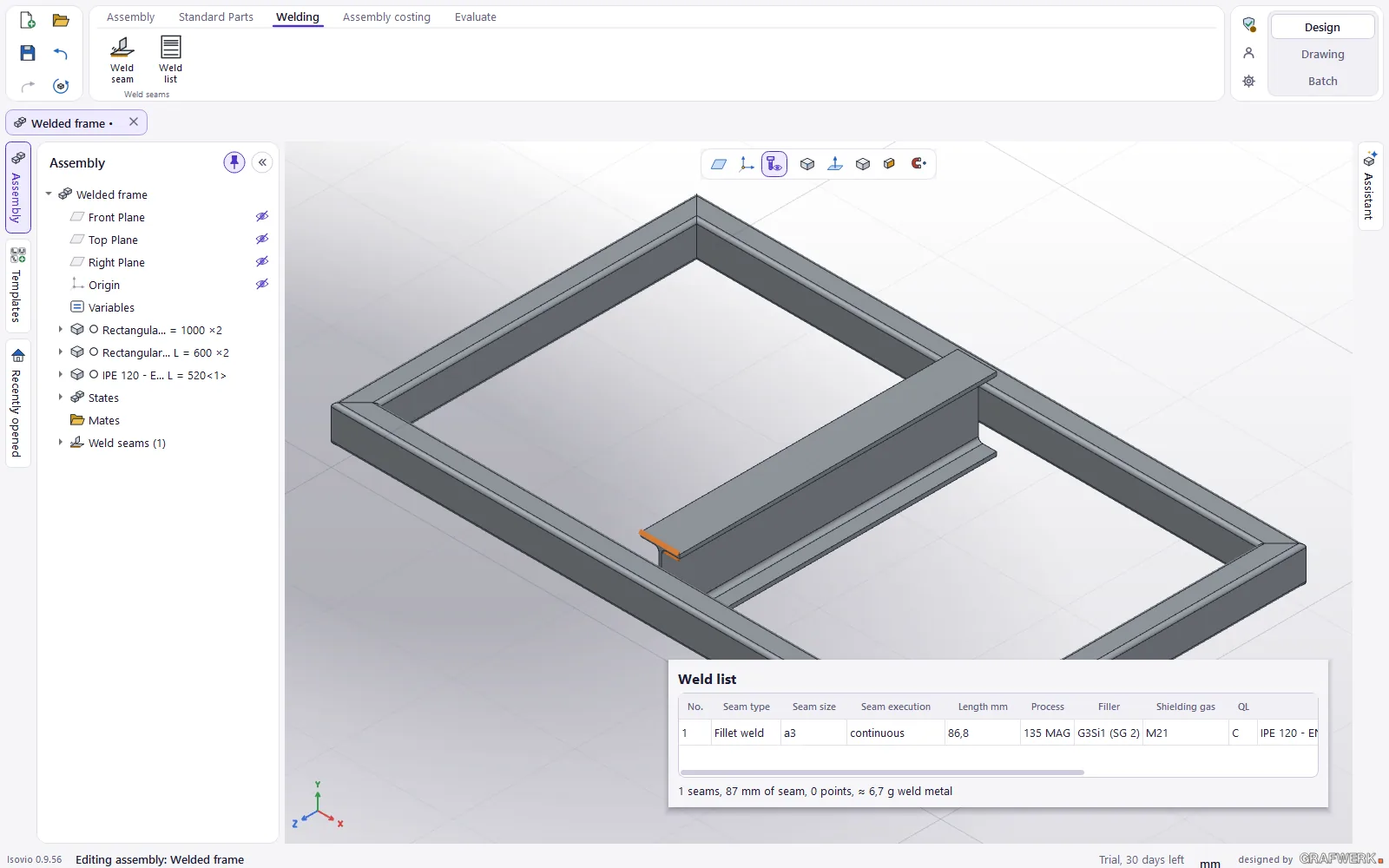 Welded assemblies in Isovio: frame of rectangular tubes with an IPE beam, fillet weld in 3D and the weld list